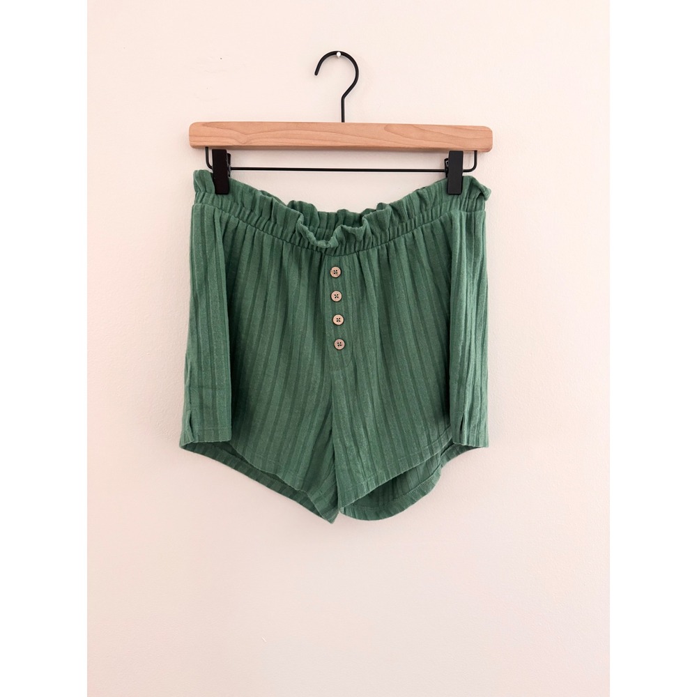 Chaser Women Green Ribbed Knit Paperbag Waist Lounge Shorts Button Detail Small